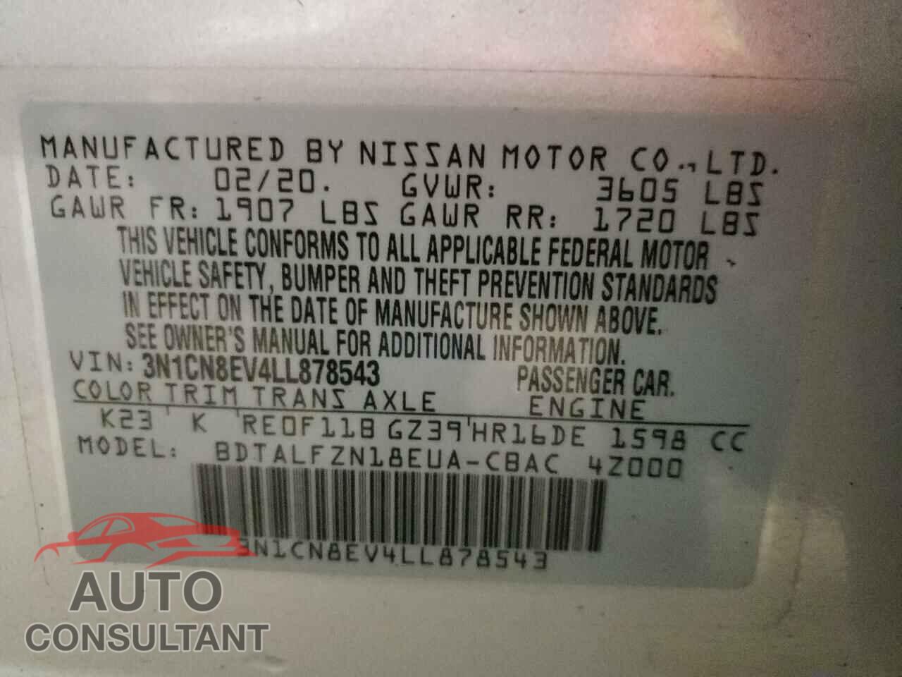 NISSAN VERSA 2020 - 3N1CN8EV4LL878543