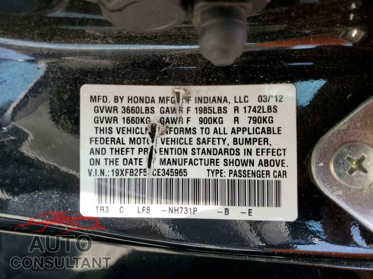 HONDA CIVIC 2012 - 19XFB2F52CE345965