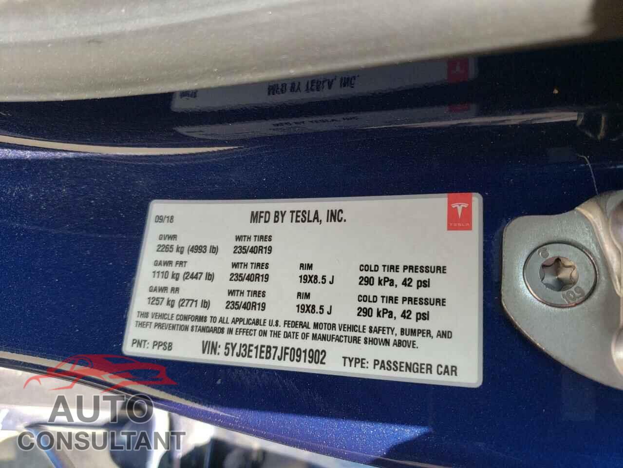 TESLA MODEL 3 2018 - 5YJ3E1EB7JF091902