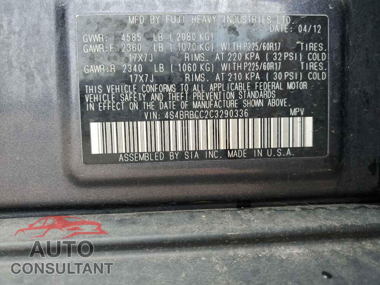 SUBARU OUTBACK 2012 - 4S4BRBCC2C3290336