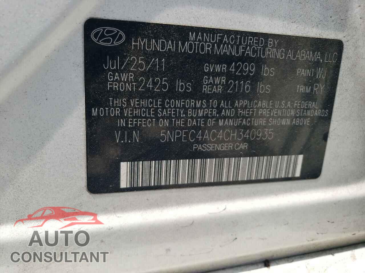 HYUNDAI SONATA 2012 - 5NPEC4AC4CH340935