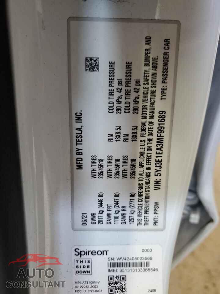 TESLA MODEL 3 2021 - 5YJ3E1EA3MF991689