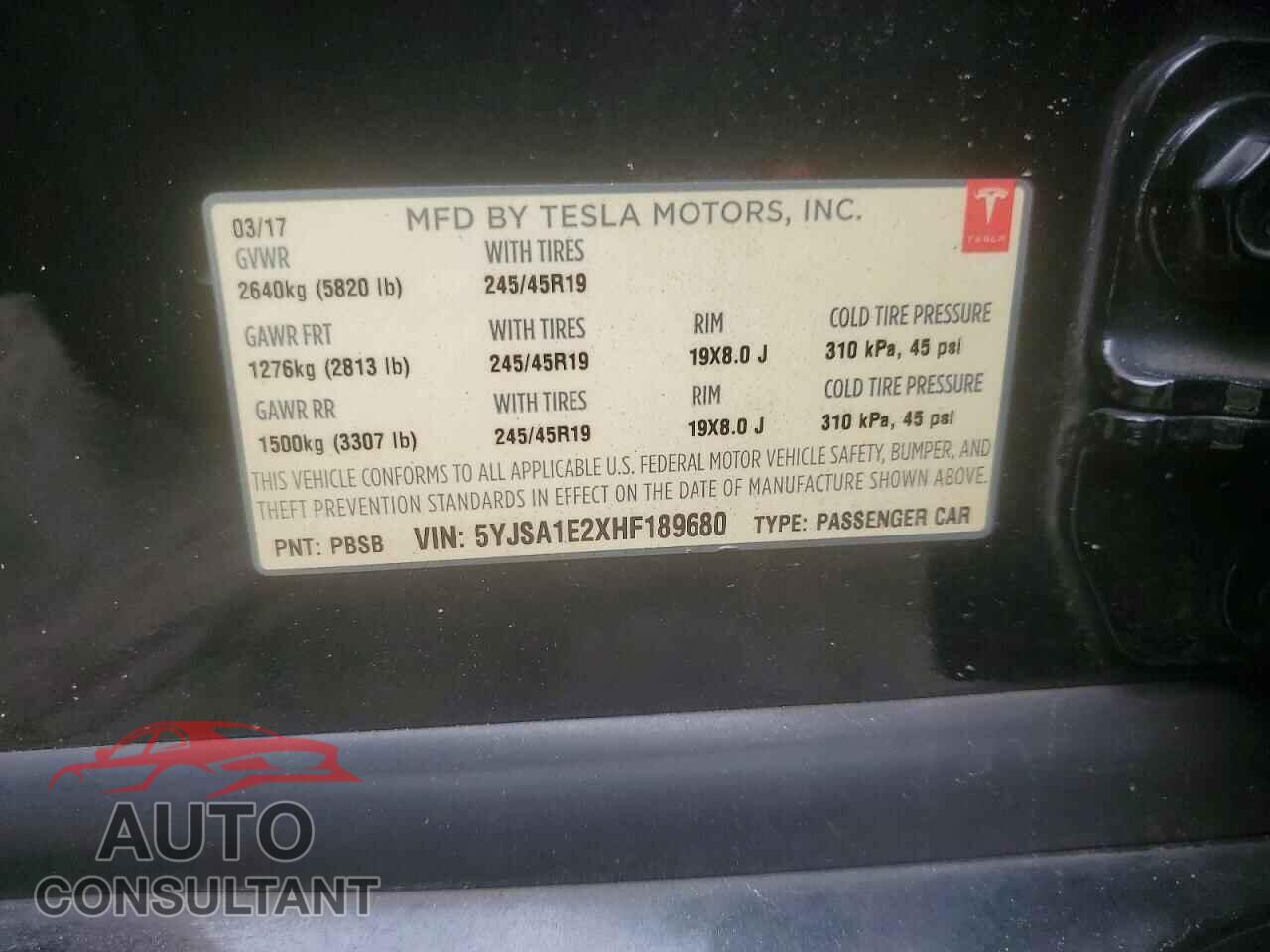 TESLA MODEL S 2017 - 5YJSA1E2XHF189680