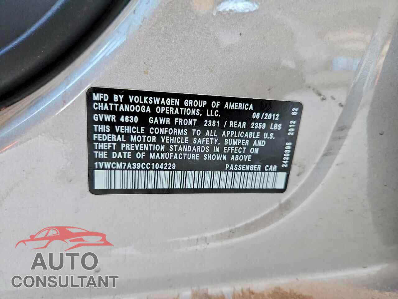 VOLKSWAGEN PASSAT 2012 - 1VWCM7A39CC104229