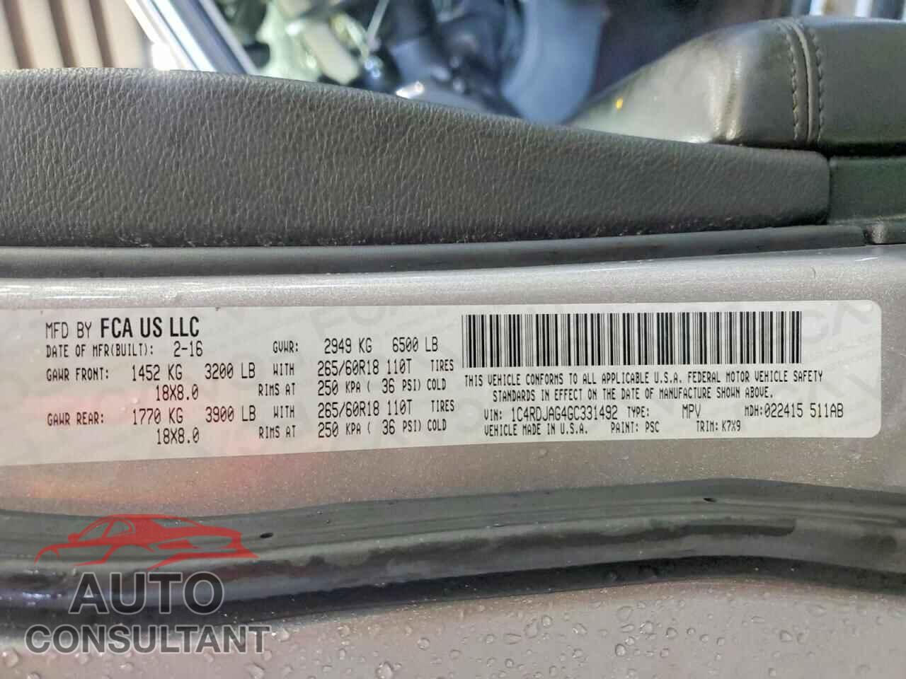DODGE DURANGO 2016 - 1C4RDJAG4GC331492