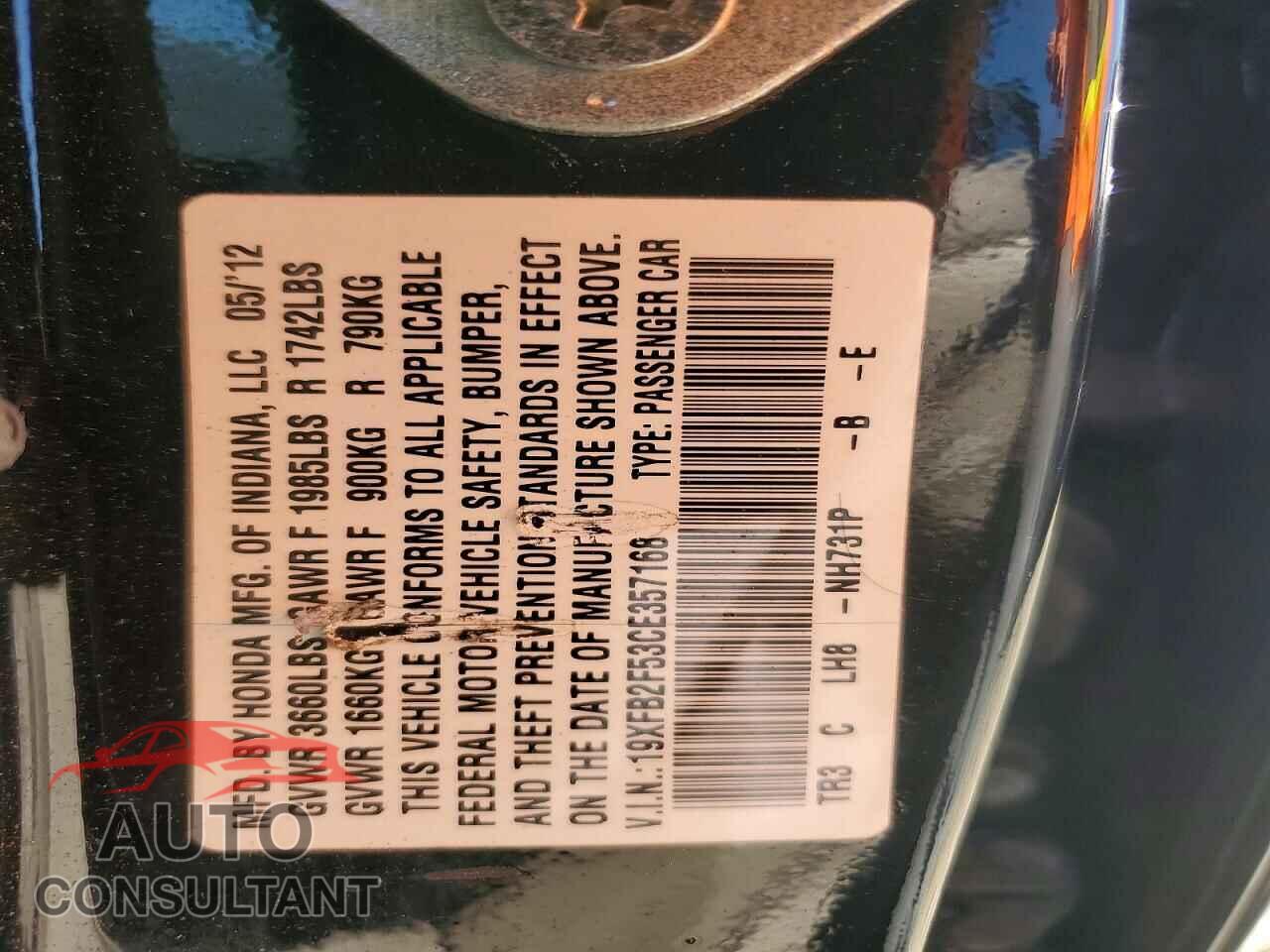HONDA CIVIC 2012 - 19XFB2F53CE357168