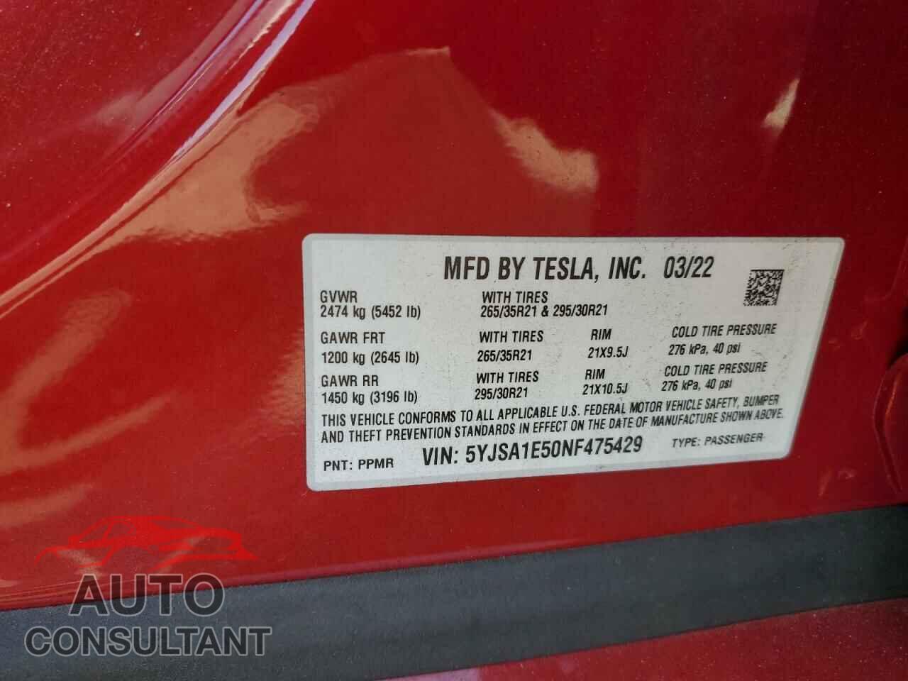 TESLA MODEL S 2022 - 5YJSA1E50NF475429