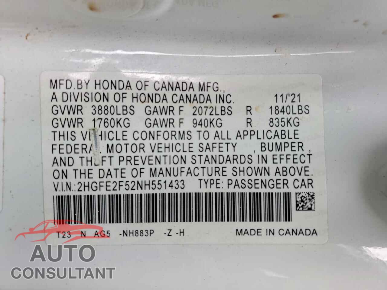 HONDA CIVIC 2022 - 2HGFE2F52NH551433
