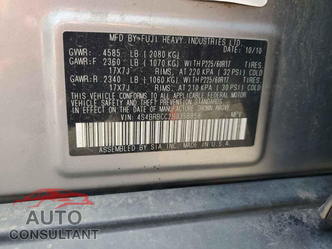 SUBARU OUTBACK 2011 - 4S4BRBCC2B3358858