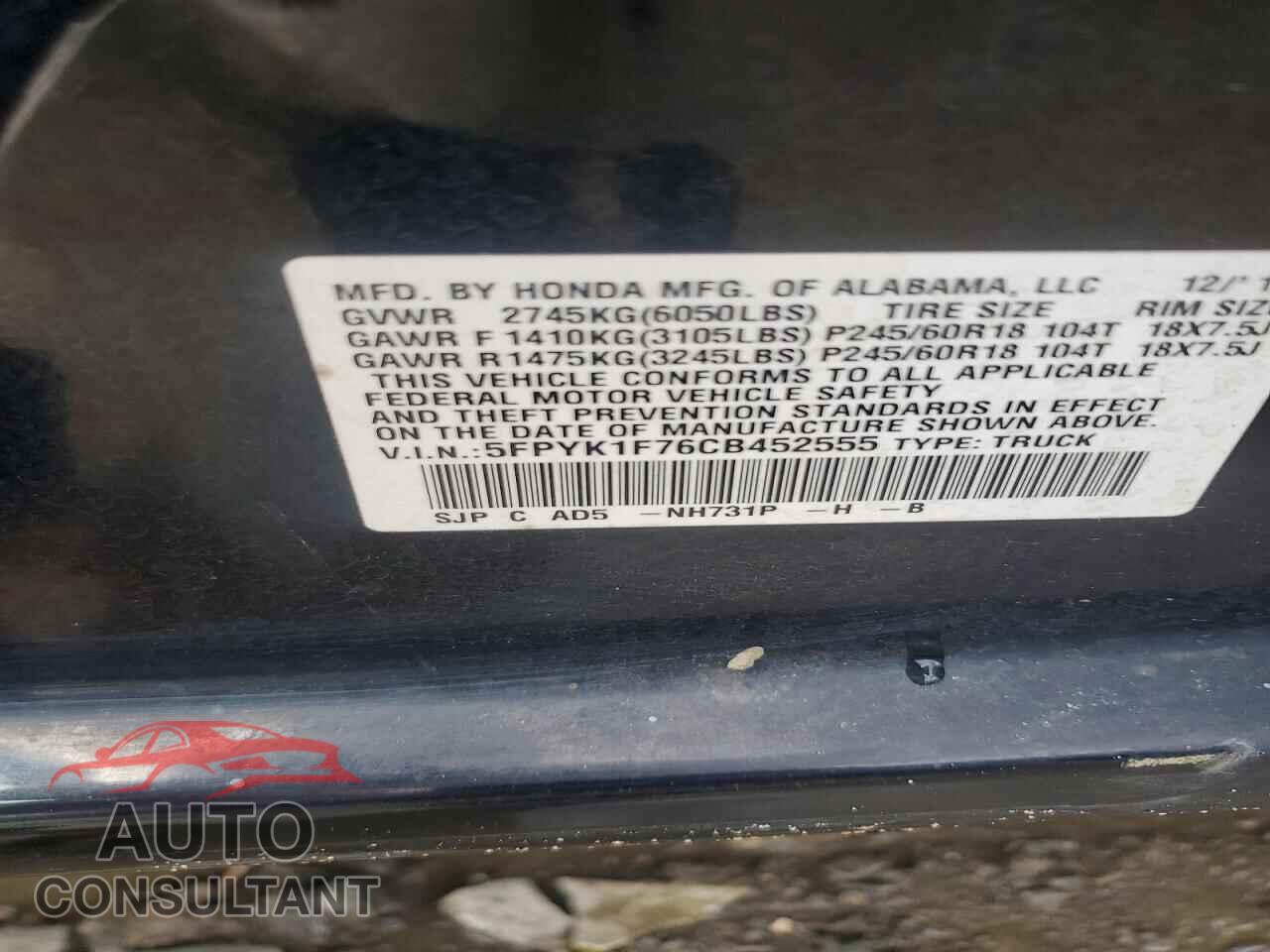 HONDA RIDGELINE 2012 - 5FPYK1F76CB452555