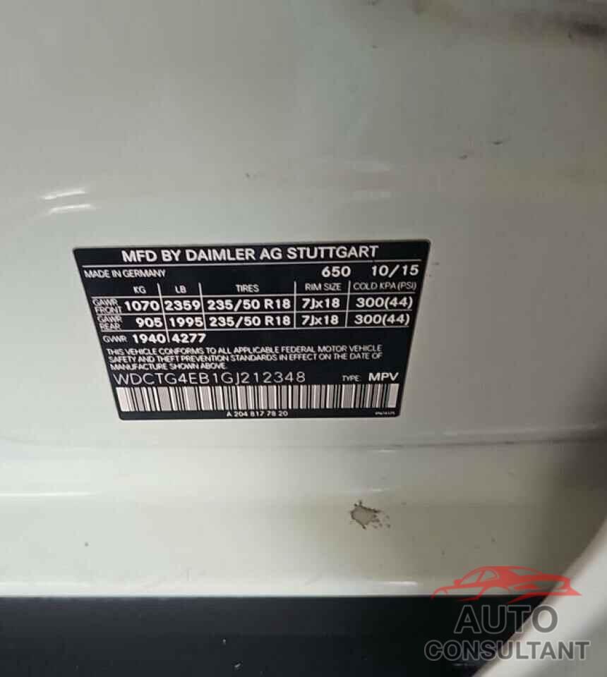 MERCEDES-BENZ GLA-CLASS 2016 - WDCTG4EB1GJ212348