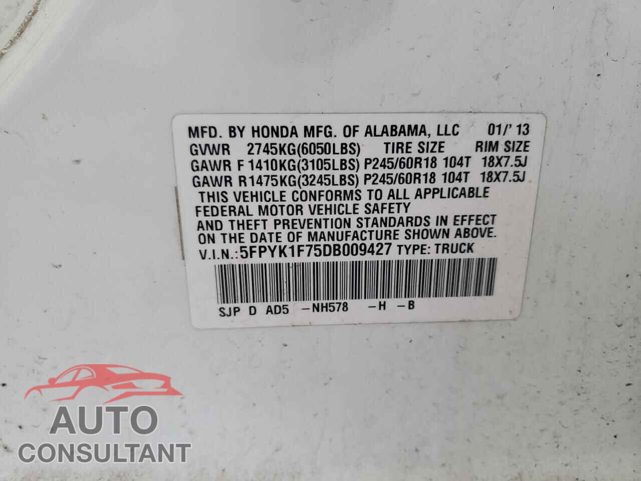 HONDA RIDGELINE 2013 - 5FPYK1F75DB009427