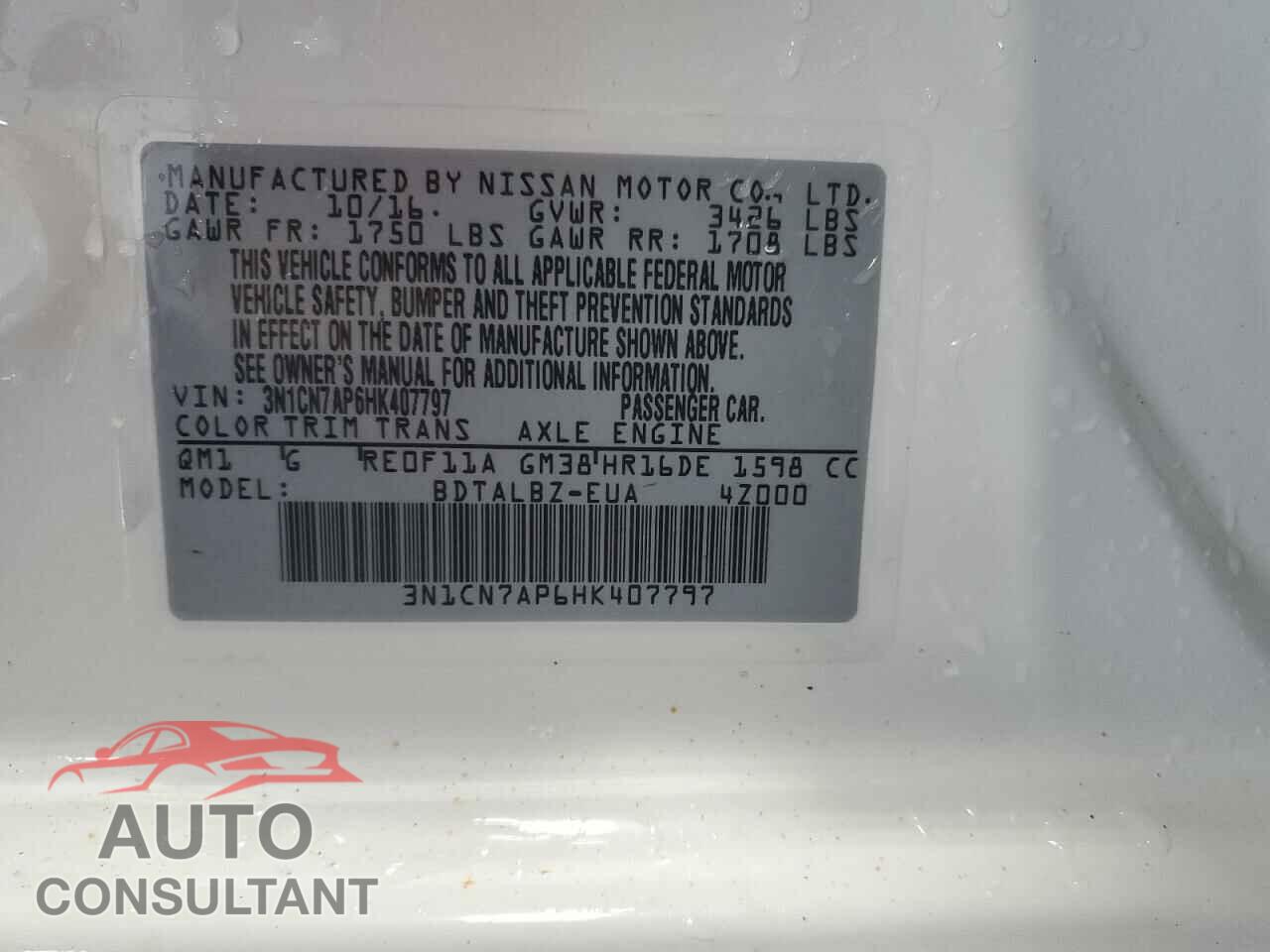 NISSAN VERSA 2017 - 3N1CN7AP6HK407797