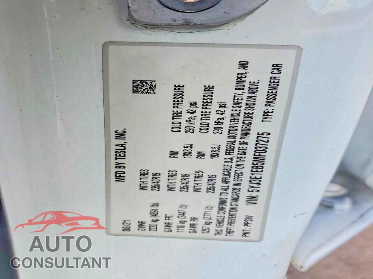 TESLA MODEL 3 2021 - 5YJ3E1EB5MF037275