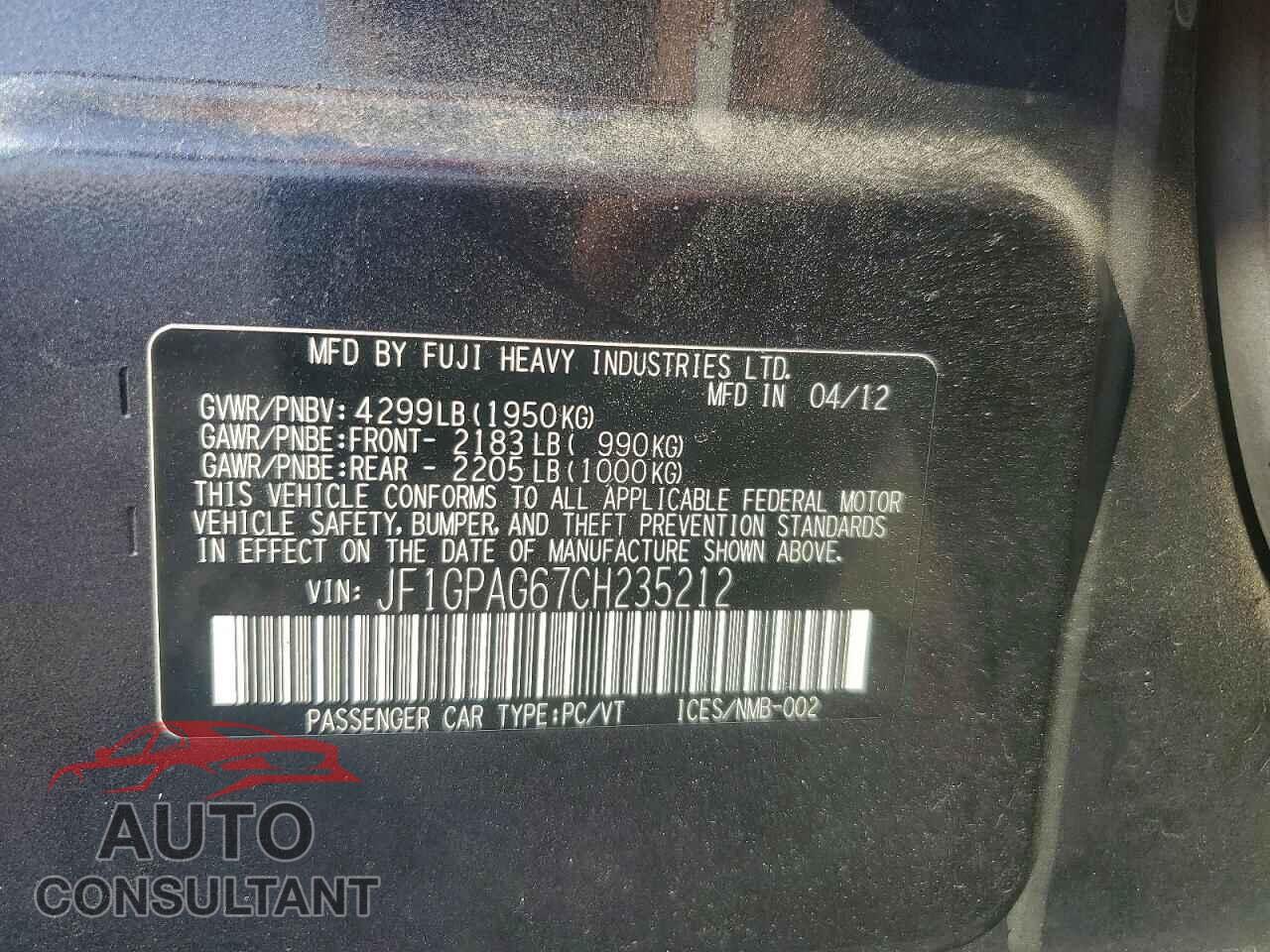 SUBARU IMPREZA 2012 - JF1GPAG67CH235212