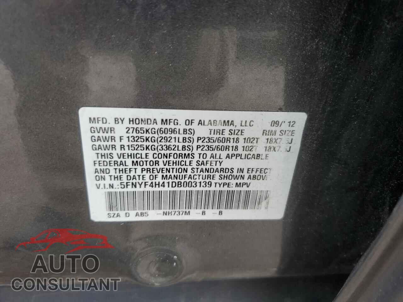 HONDA PILOT 2013 - 5FNYF4H41DB003139
