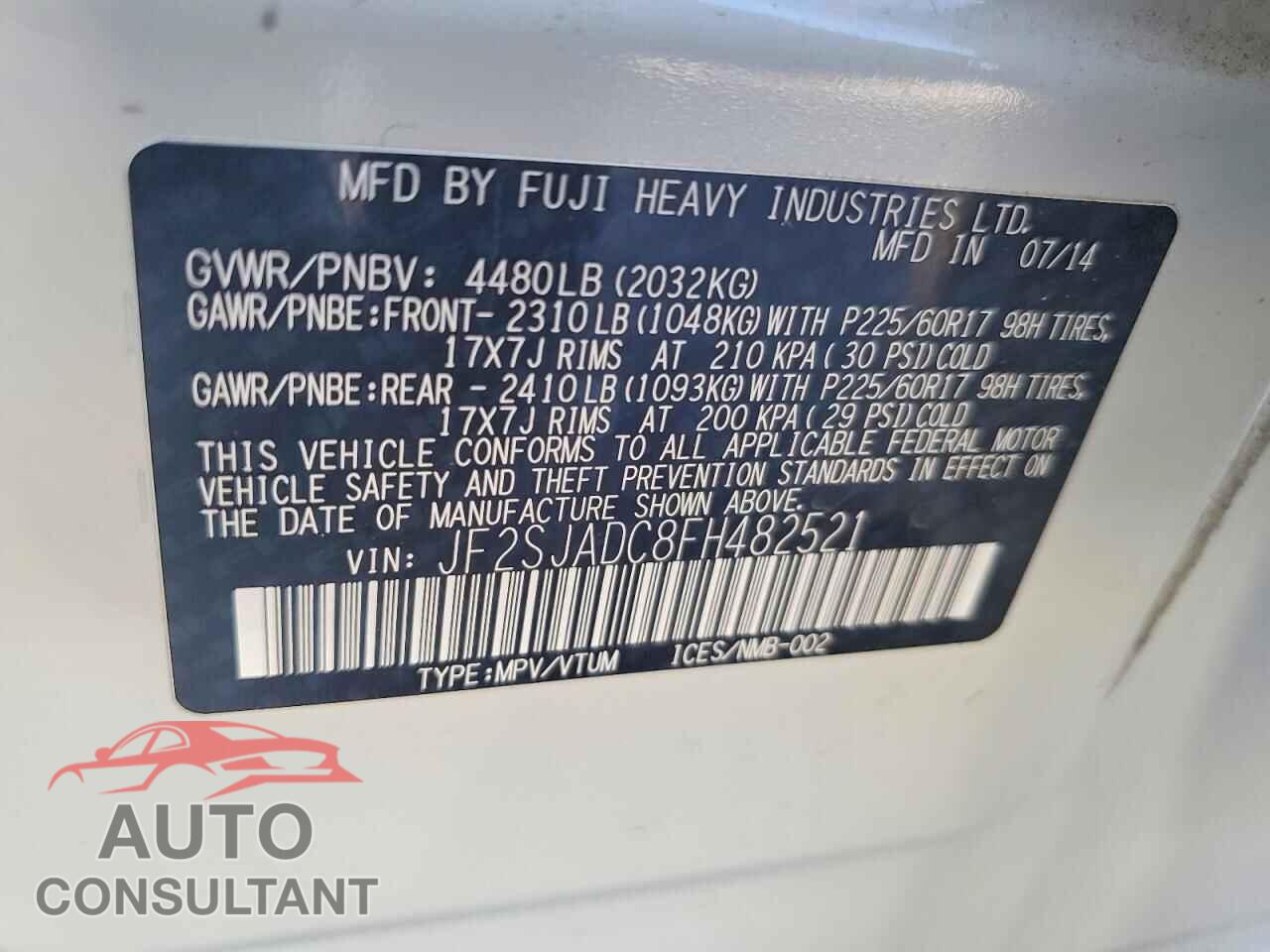SUBARU FORESTER 2015 - JF2SJADC8FH482521