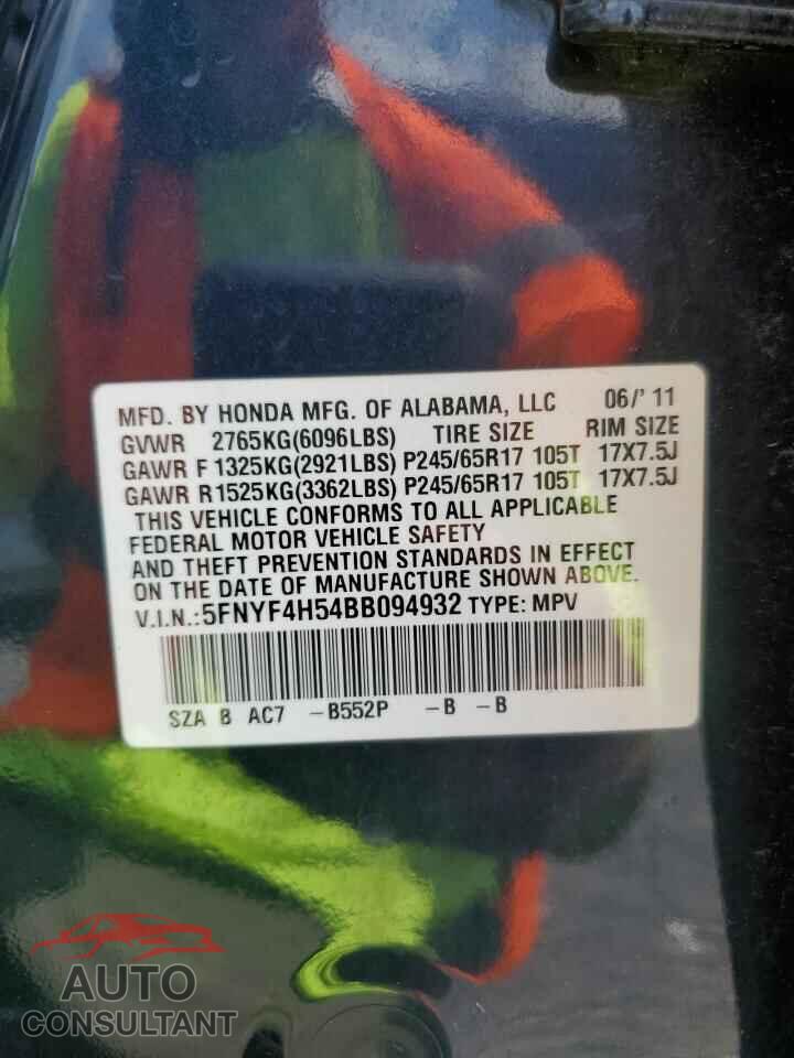 HONDA PILOT 2011 - 5FNYF4H54BB094932