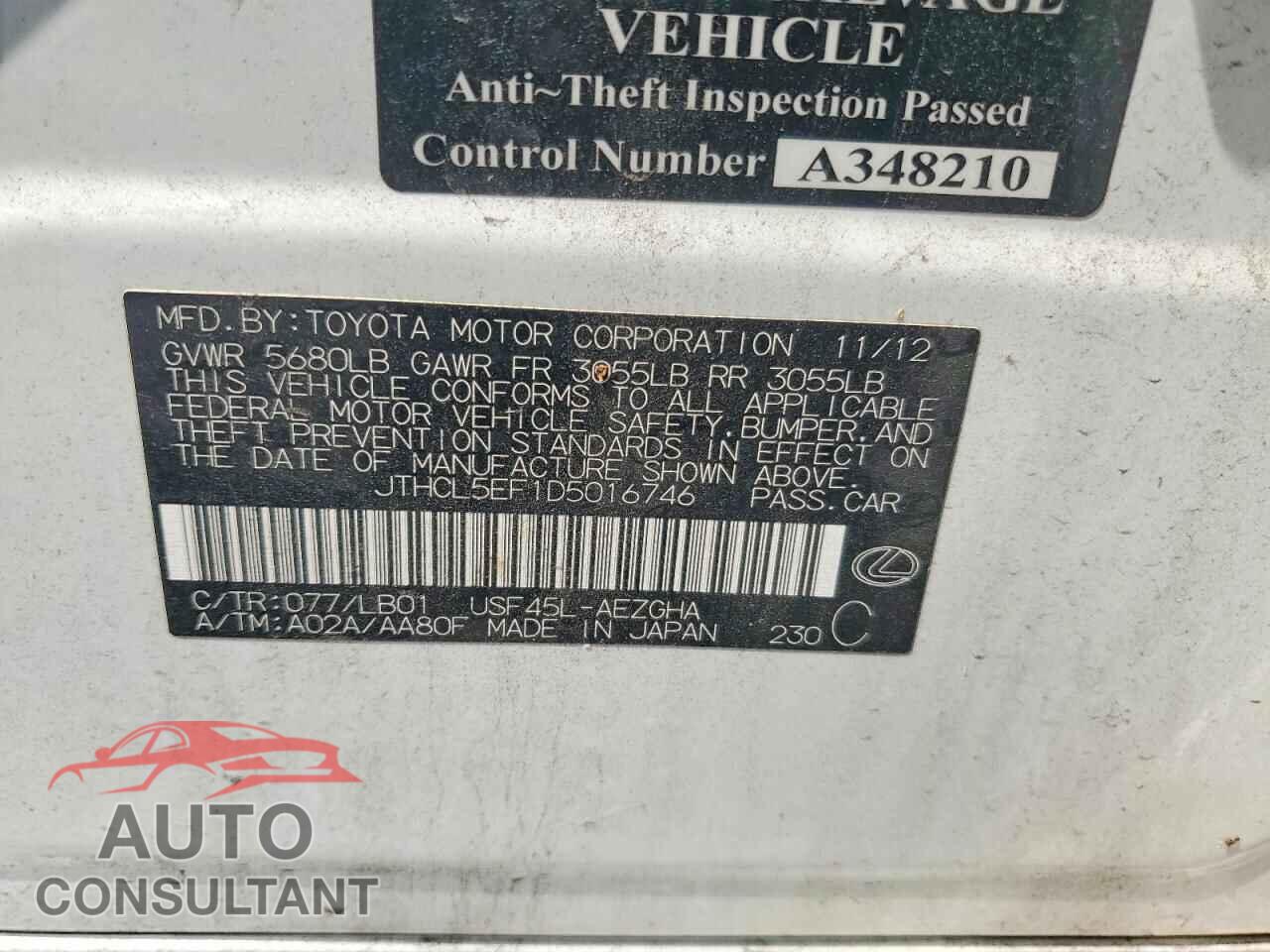 LEXUS LS460 2013 - JTHCL5EF1D5016746