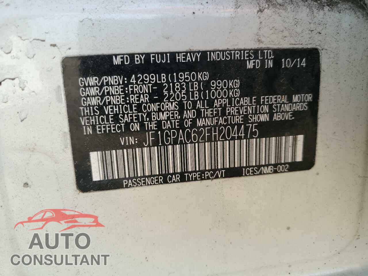 SUBARU IMPREZA 2015 - JF1GPAC62FH204475