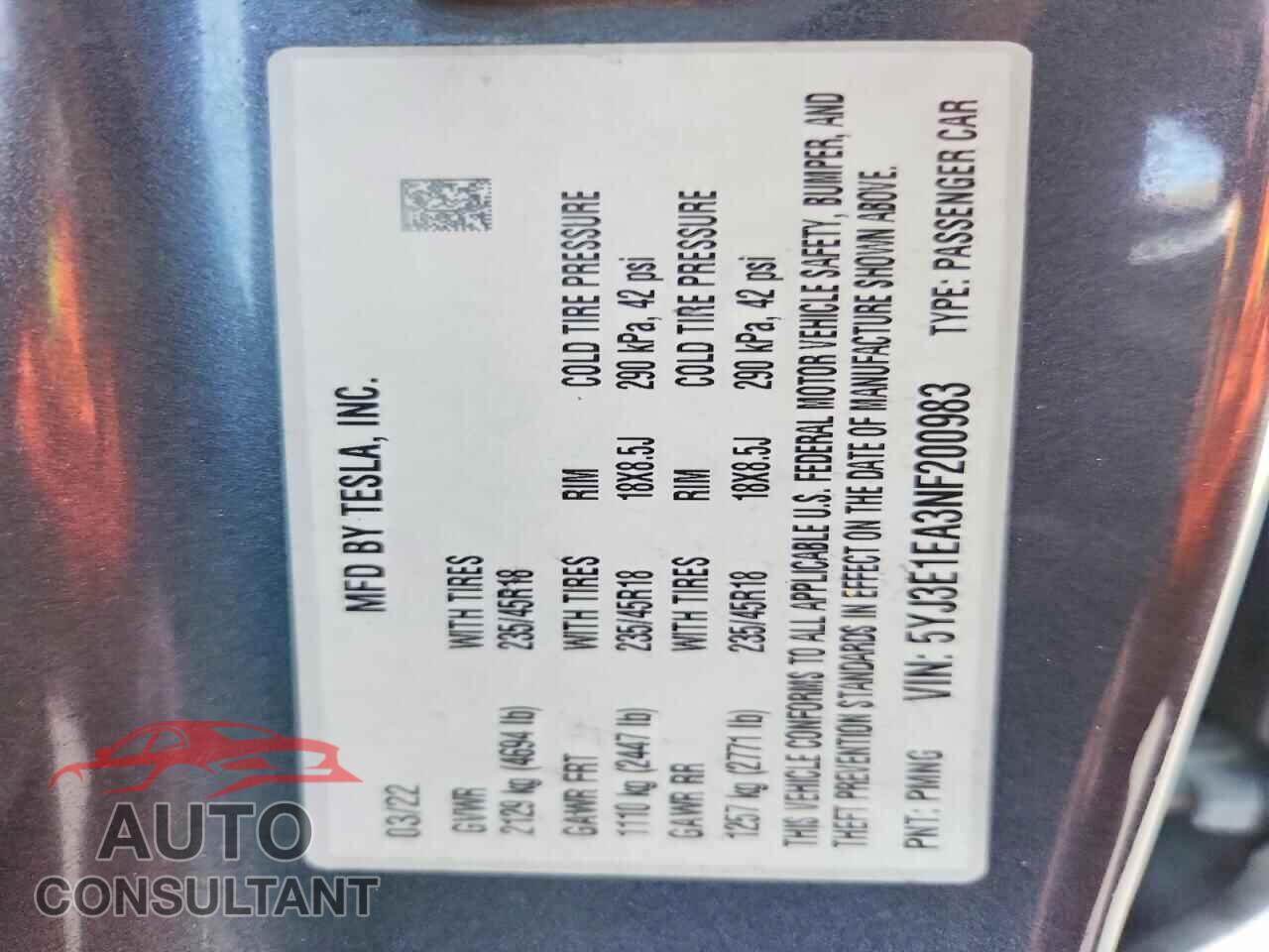 TESLA MODEL 3 2022 - 5YJ3E1EA3NF200983