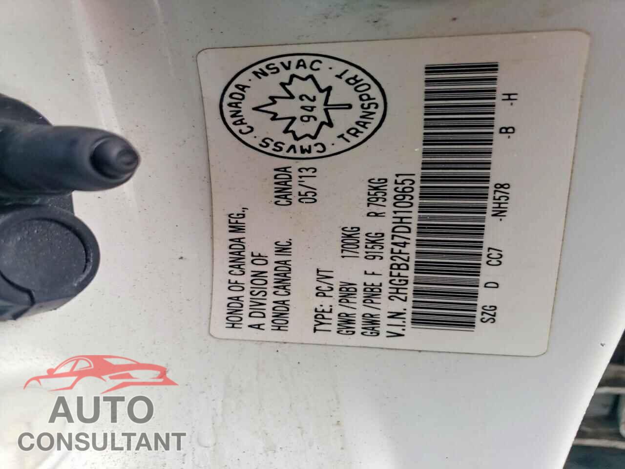 HONDA CIVIC 2013 - 2HGFB2F47DH109651