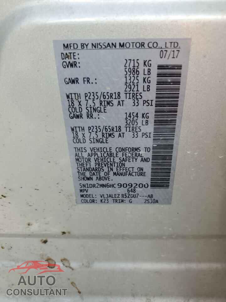NISSAN PATHFINDER 2017 - 5N1DR2MN6HC909200