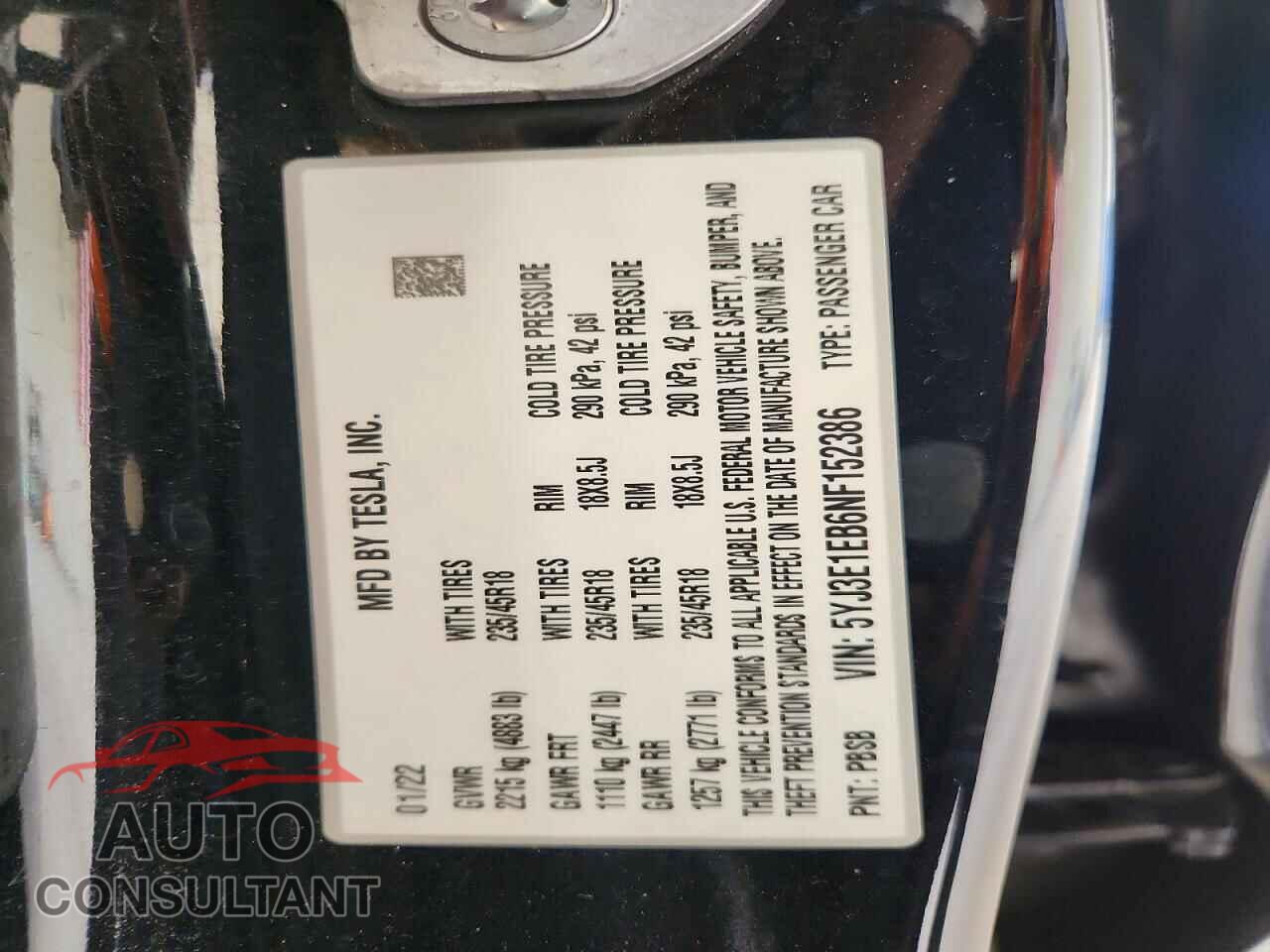TESLA MODEL 3 2022 - 5YJ3E1EB6NF152386