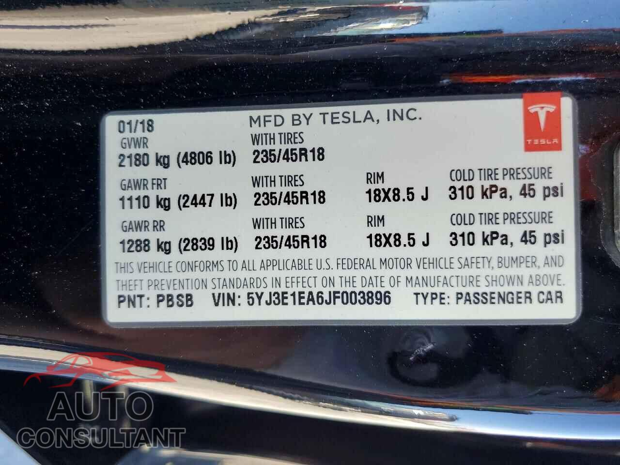 TESLA MODEL 3 2018 - 5YJ3E1EA6JF003896