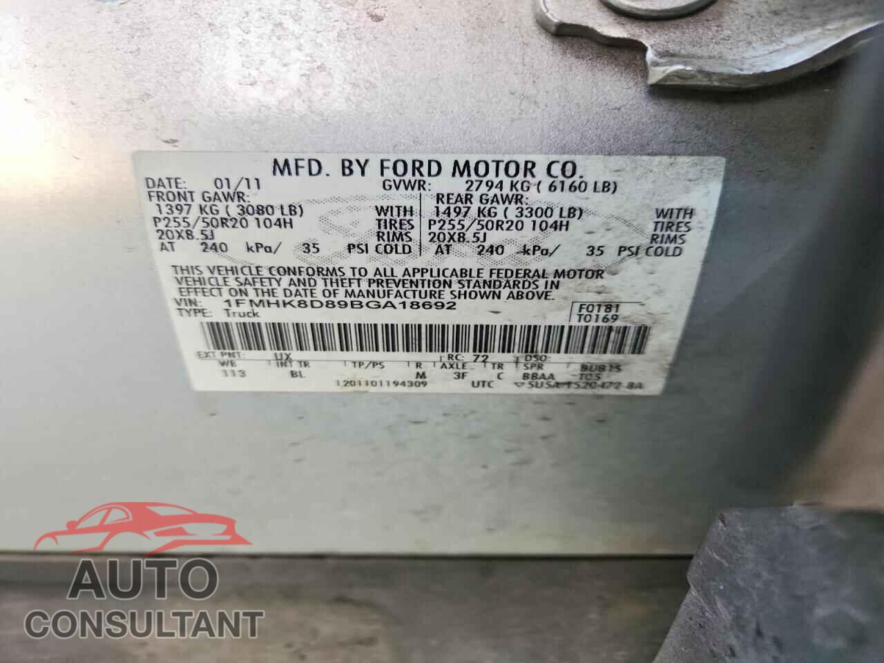 FORD EXPLORER 2011 - 1FMHK8D89BGA18692