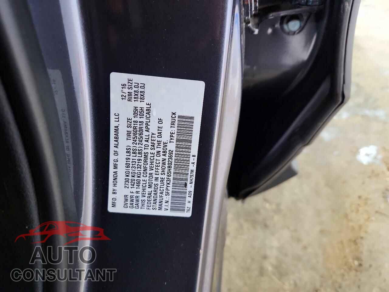 HONDA RIDGELINE 2017 - 5FPYK3F65HB023692