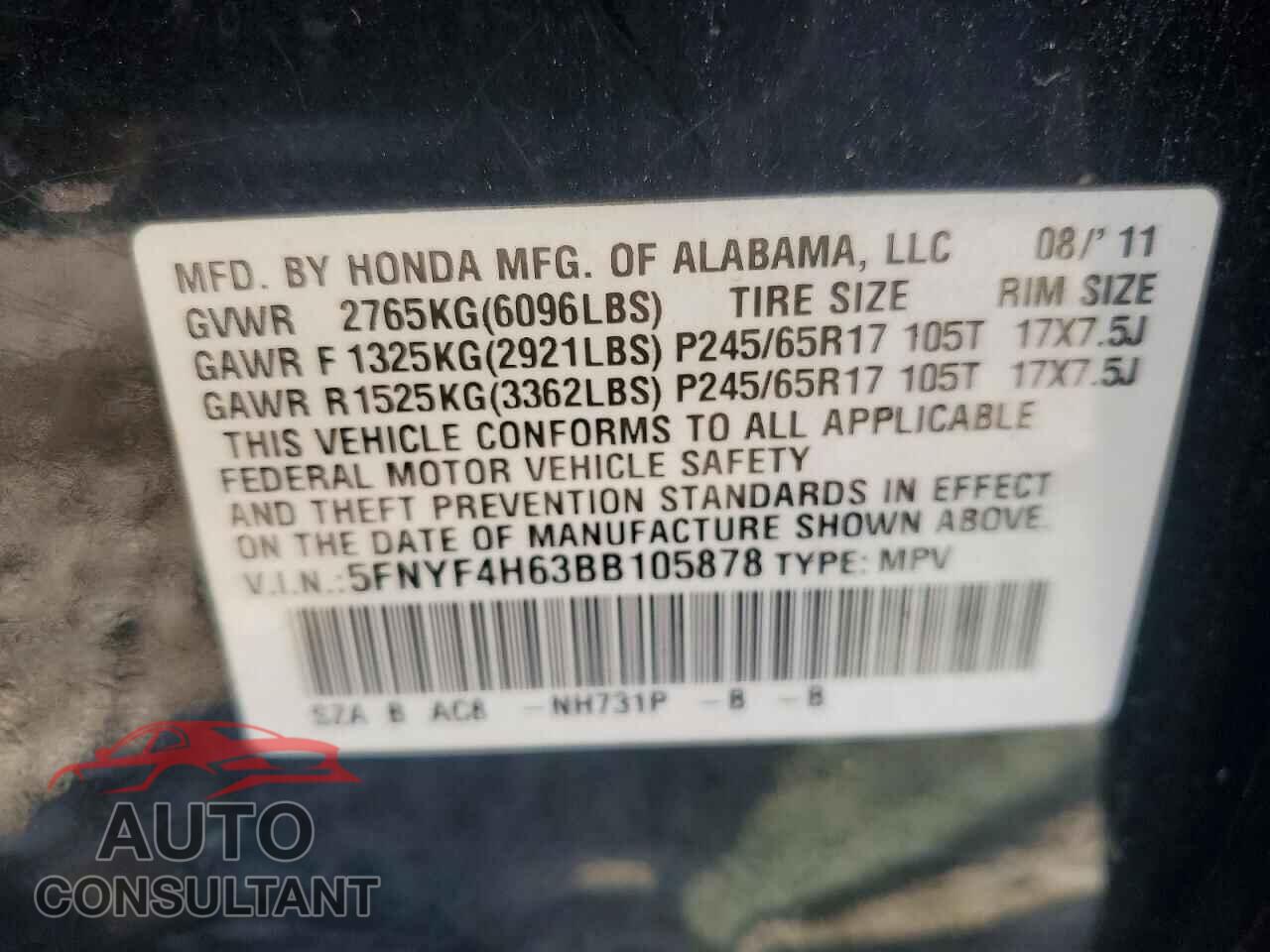HONDA PILOT 2011 - 5FNYF4H63BB105878
