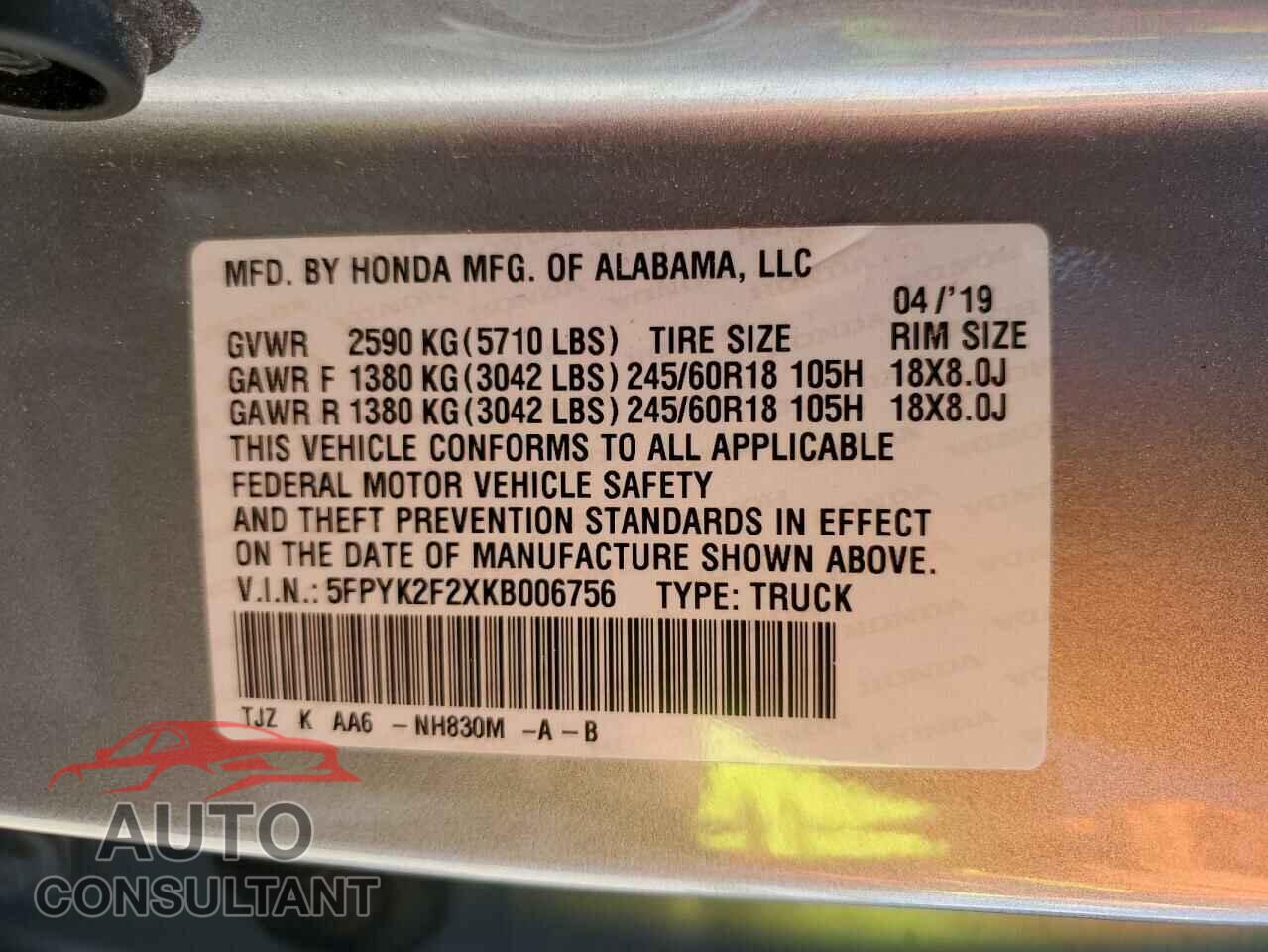 HONDA RIDGELINE 2019 - 5FPYK2F2XKB006756