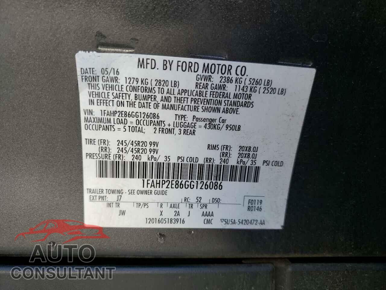 FORD TAURUS 2016 - 1FAHP2E86GG126086