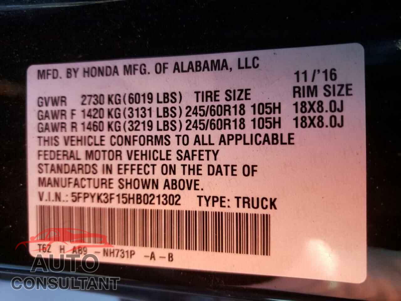 HONDA RIDGELINE 2017 - 5FPYK3F15HB021302