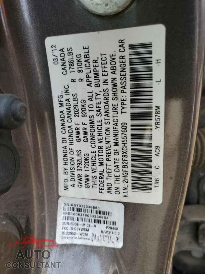 HONDA CIVIC 2012 - 2HGFB2F8XCH557609
