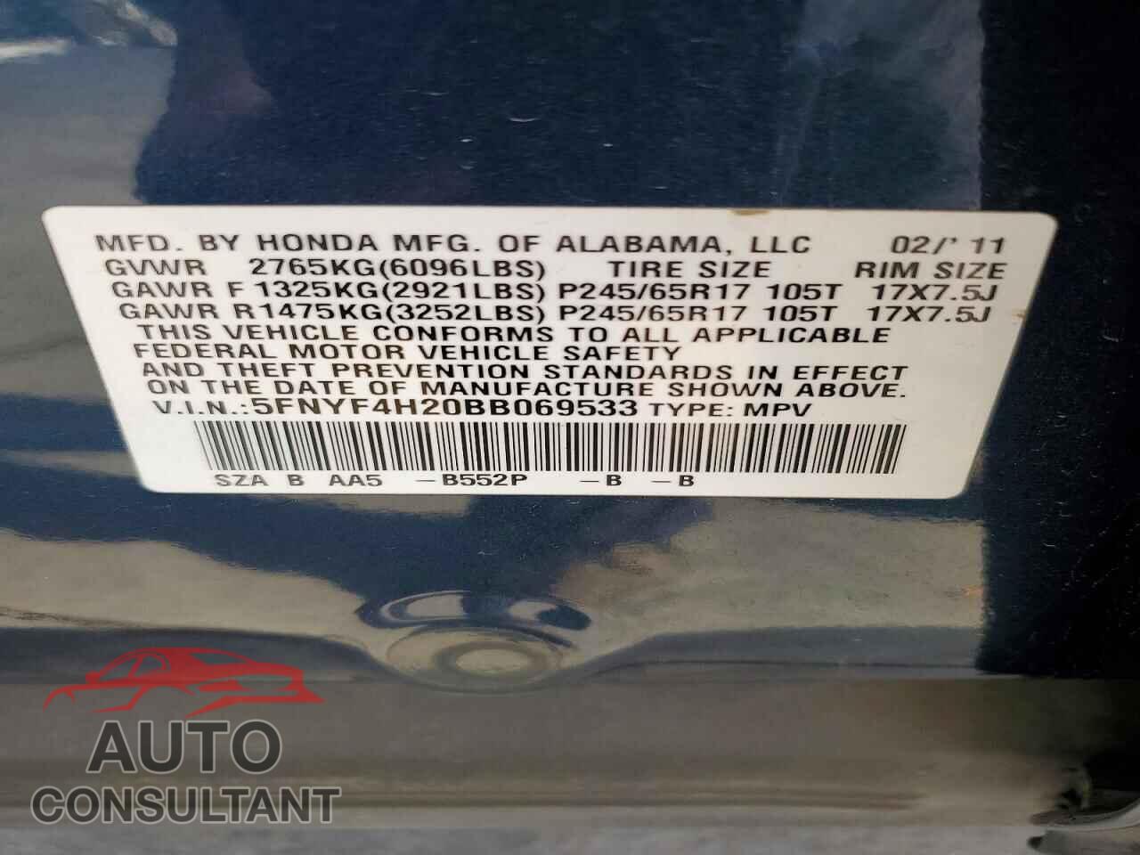 HONDA PILOT 2011 - 5FNYF4H20BB069533