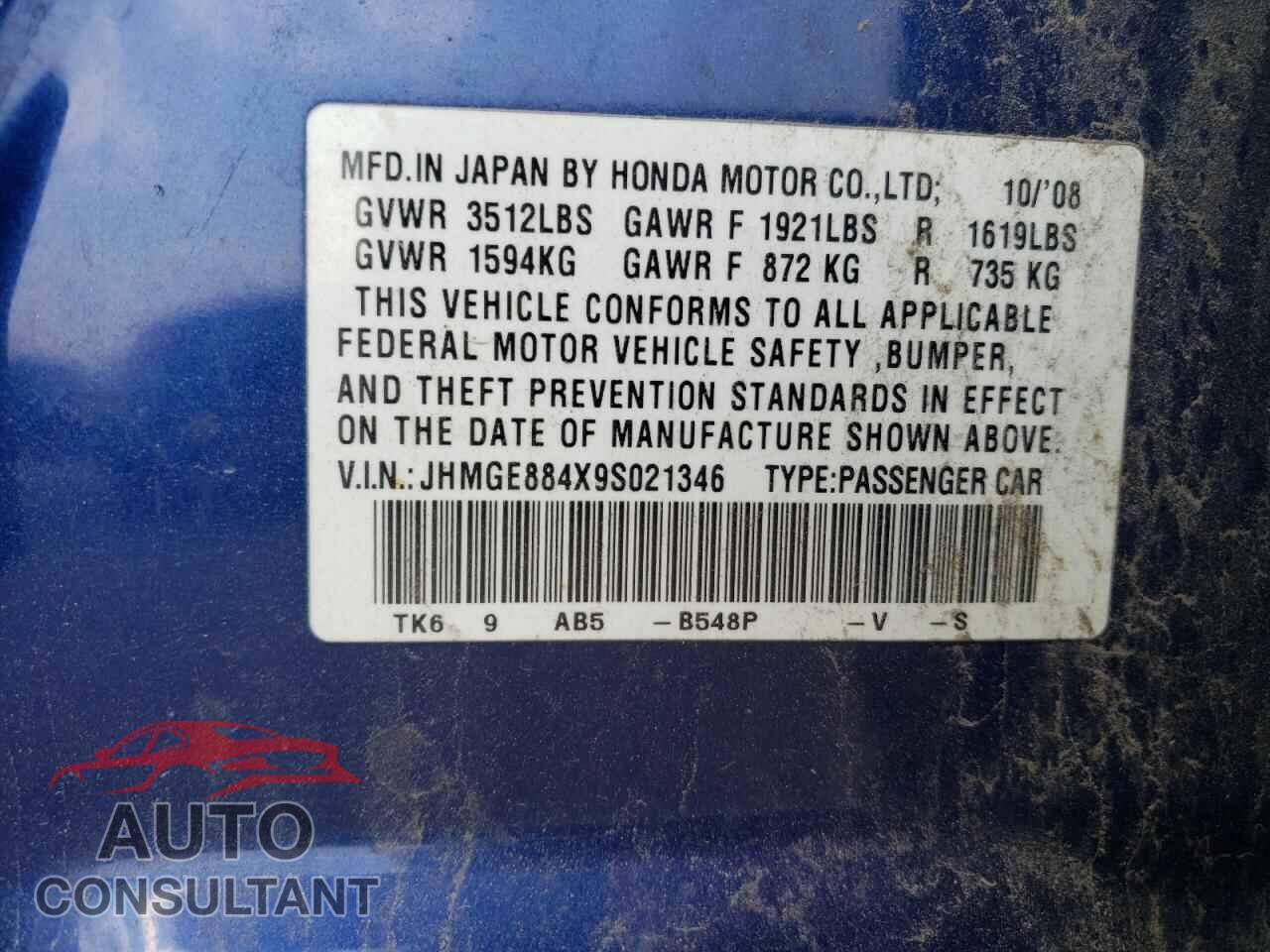 HONDA FIT 2009 - JHMGE884X9S021346