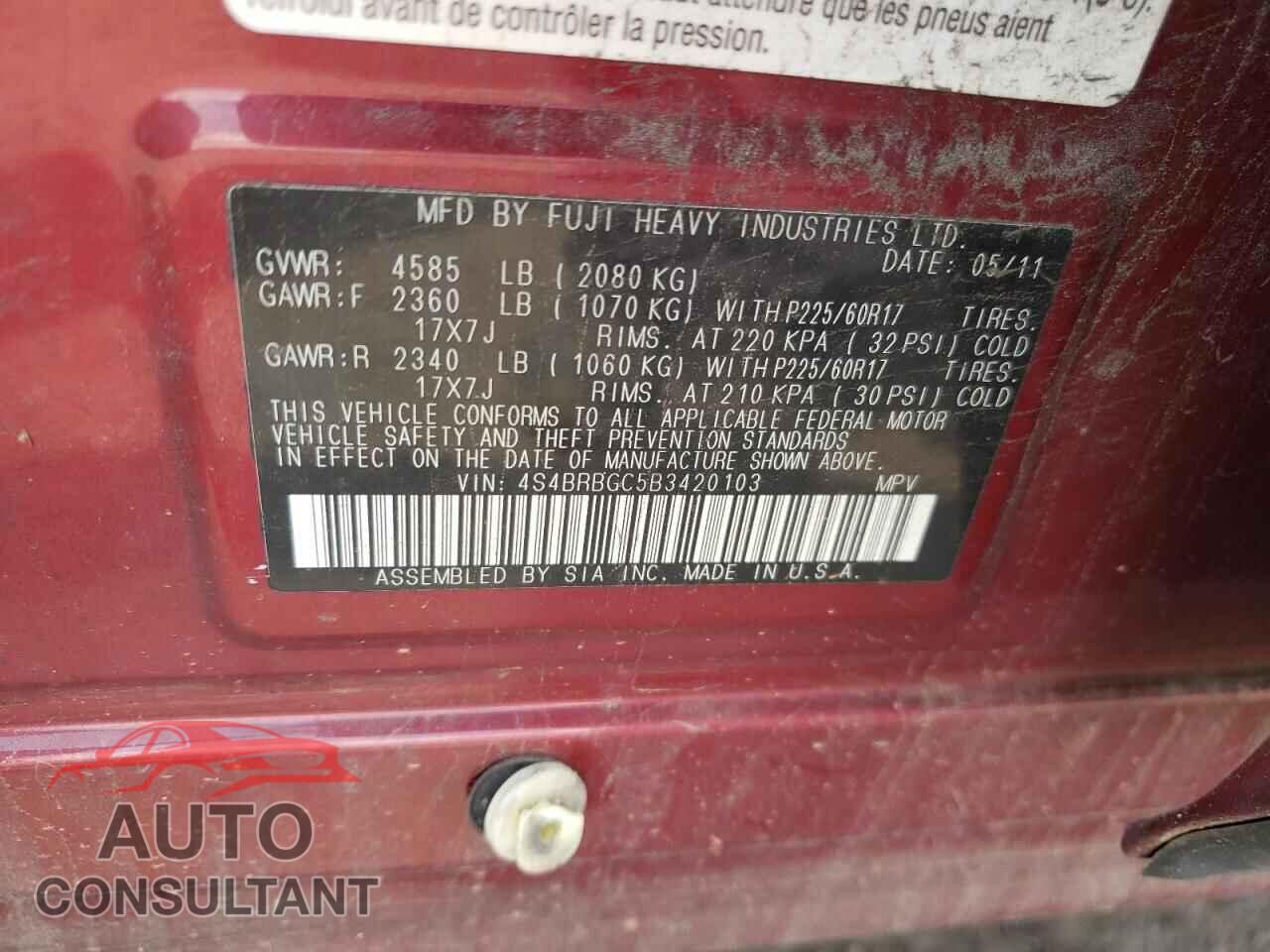SUBARU OUTBACK 2011 - 4S4BRBGC5B3420103