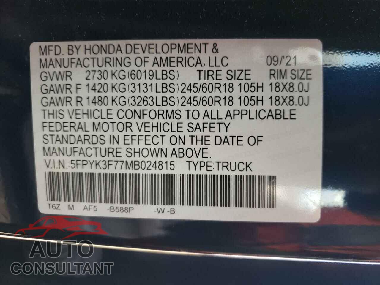 HONDA RIDGELINE 2021 - 5FPYK3F77MB024815