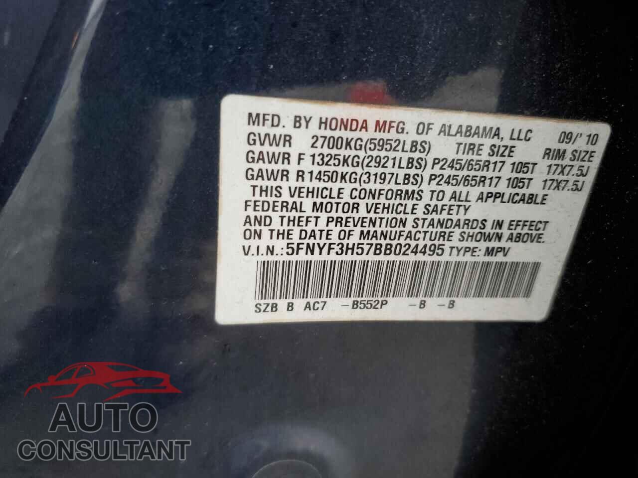 HONDA PILOT 2011 - 5FNYF3H57BB024495