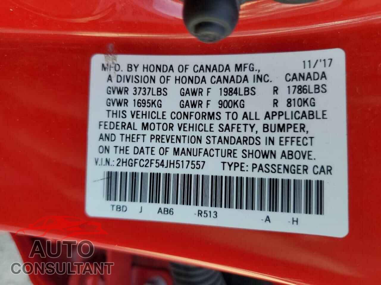 HONDA CIVIC 2018 - 2HGFC2F54JH517557