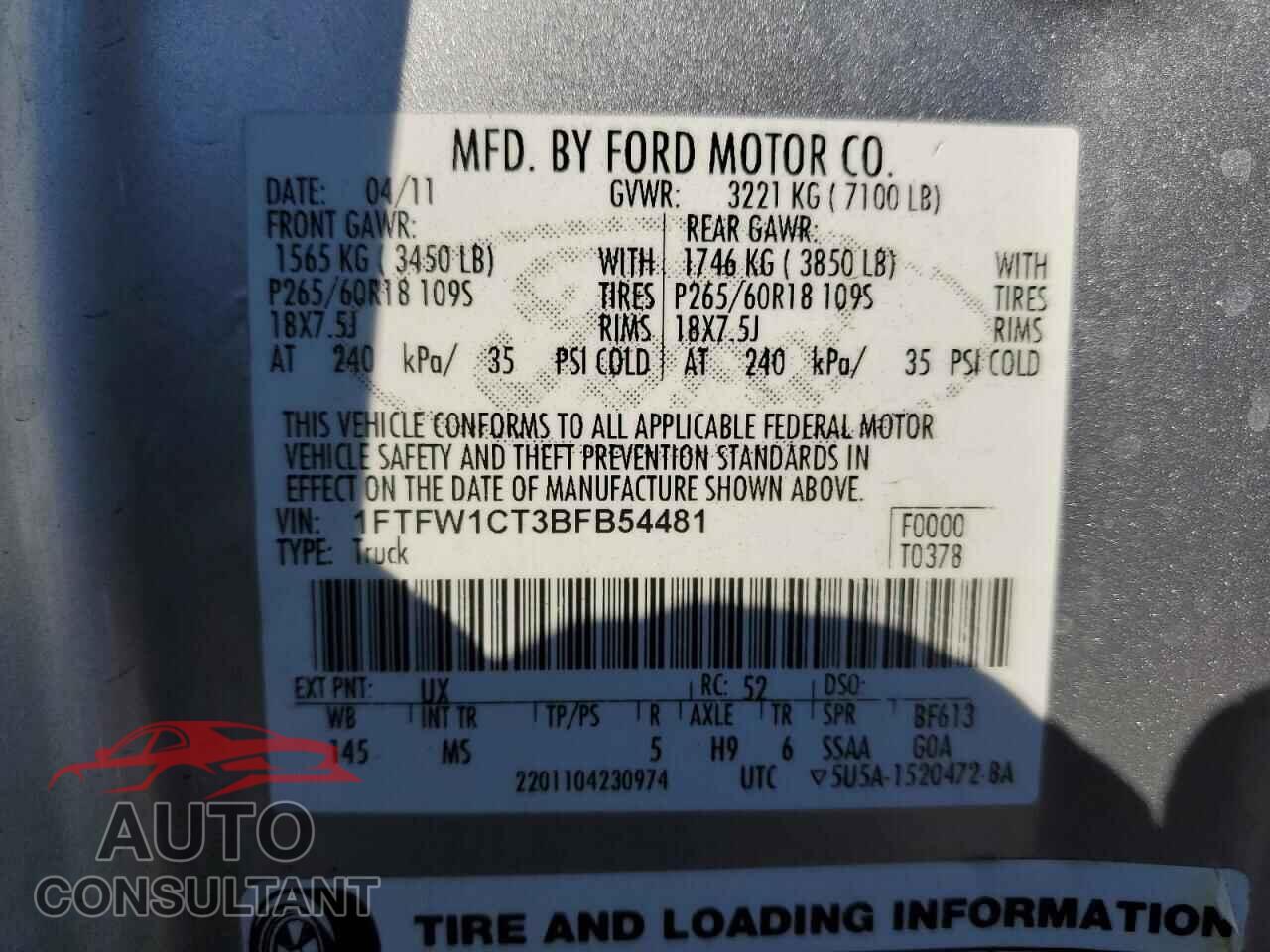 FORD F-150 2011 - 1FTFW1CT3BFB54481
