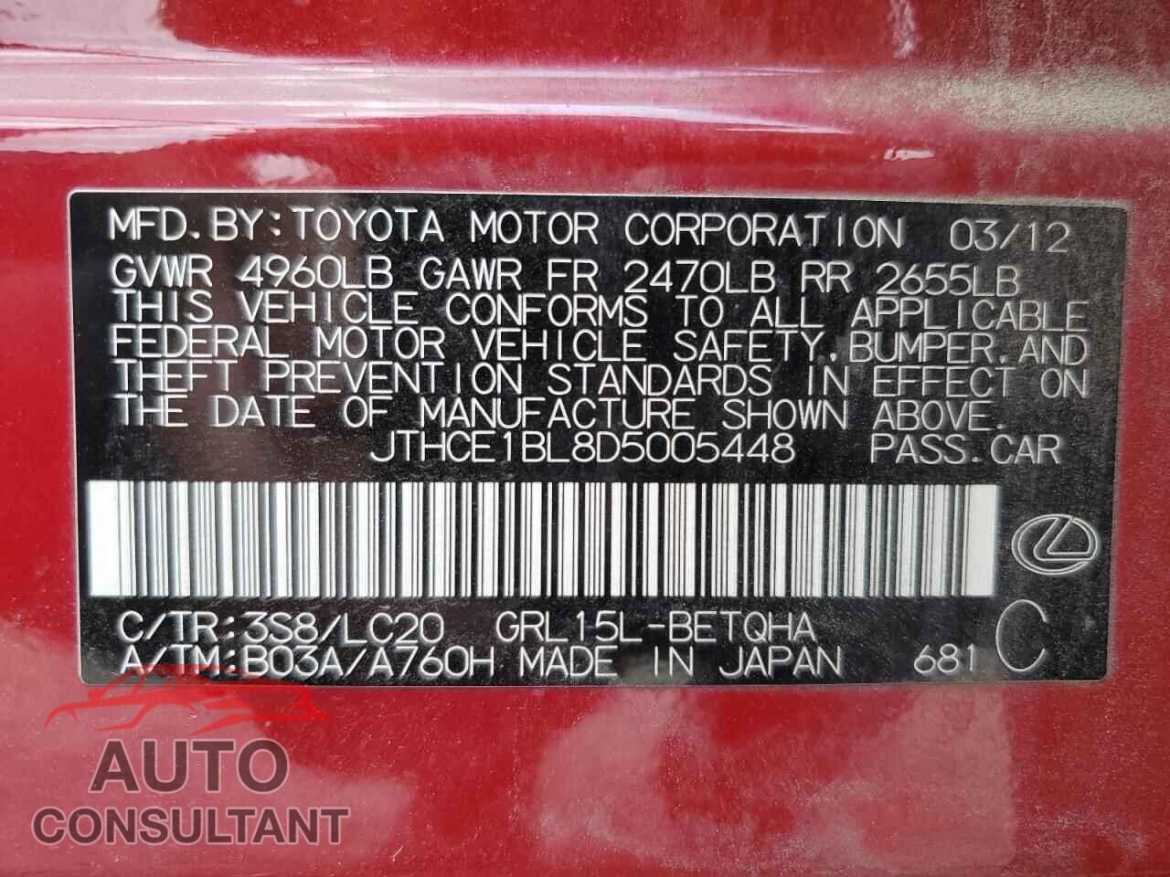 LEXUS GS350 2013 - JTHCE1BL8D5005448