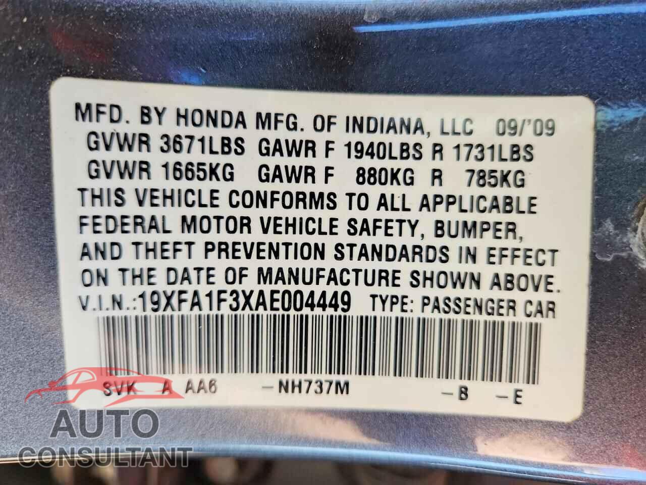 HONDA CIVIC 2010 - 19XFA1F3XAE004449