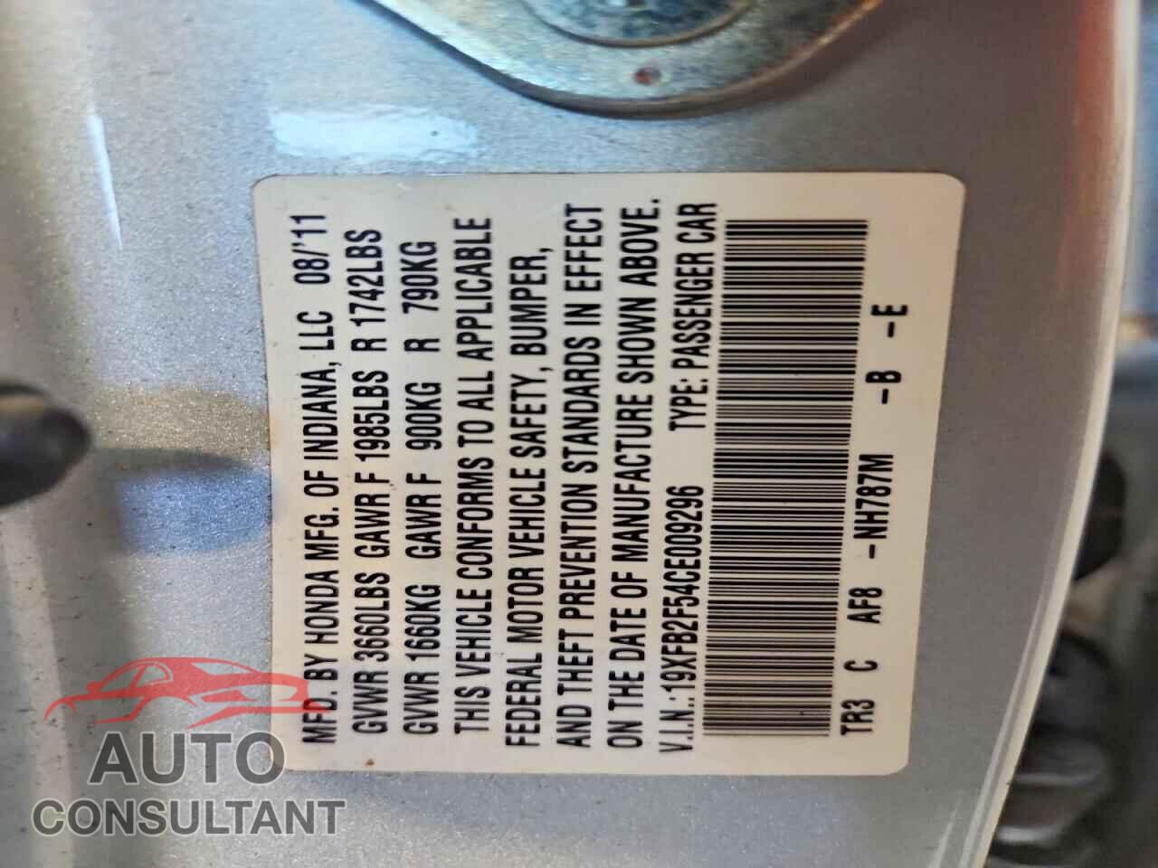 HONDA CIVIC 2012 - 19XFB2F54CE009296