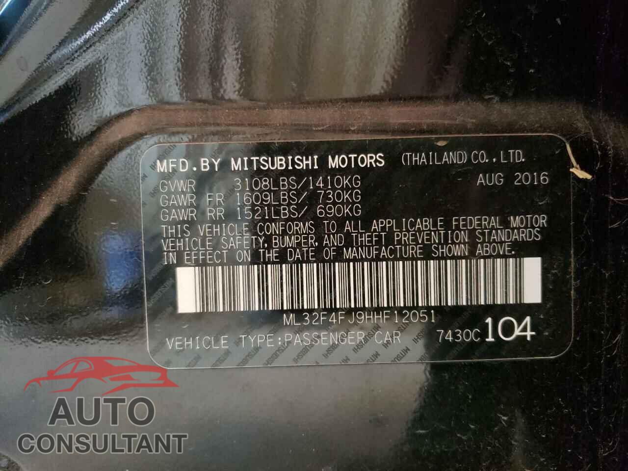 MITSUBISHI MIRAGE 2017 - ML32F4FJ9HHF12051