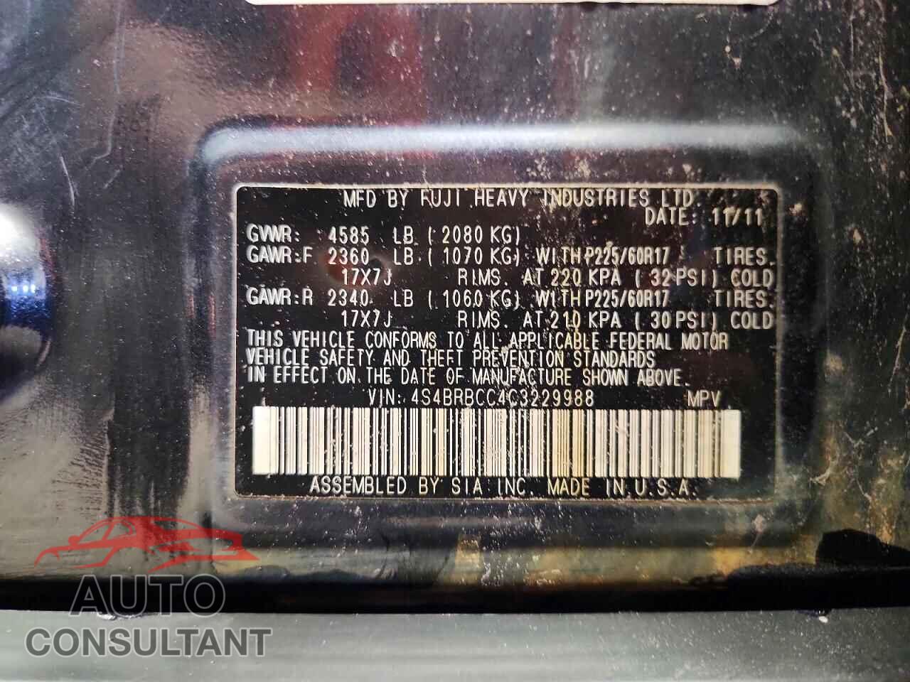 SUBARU OUTBACK 2012 - 4S4BRBCC4C3229988