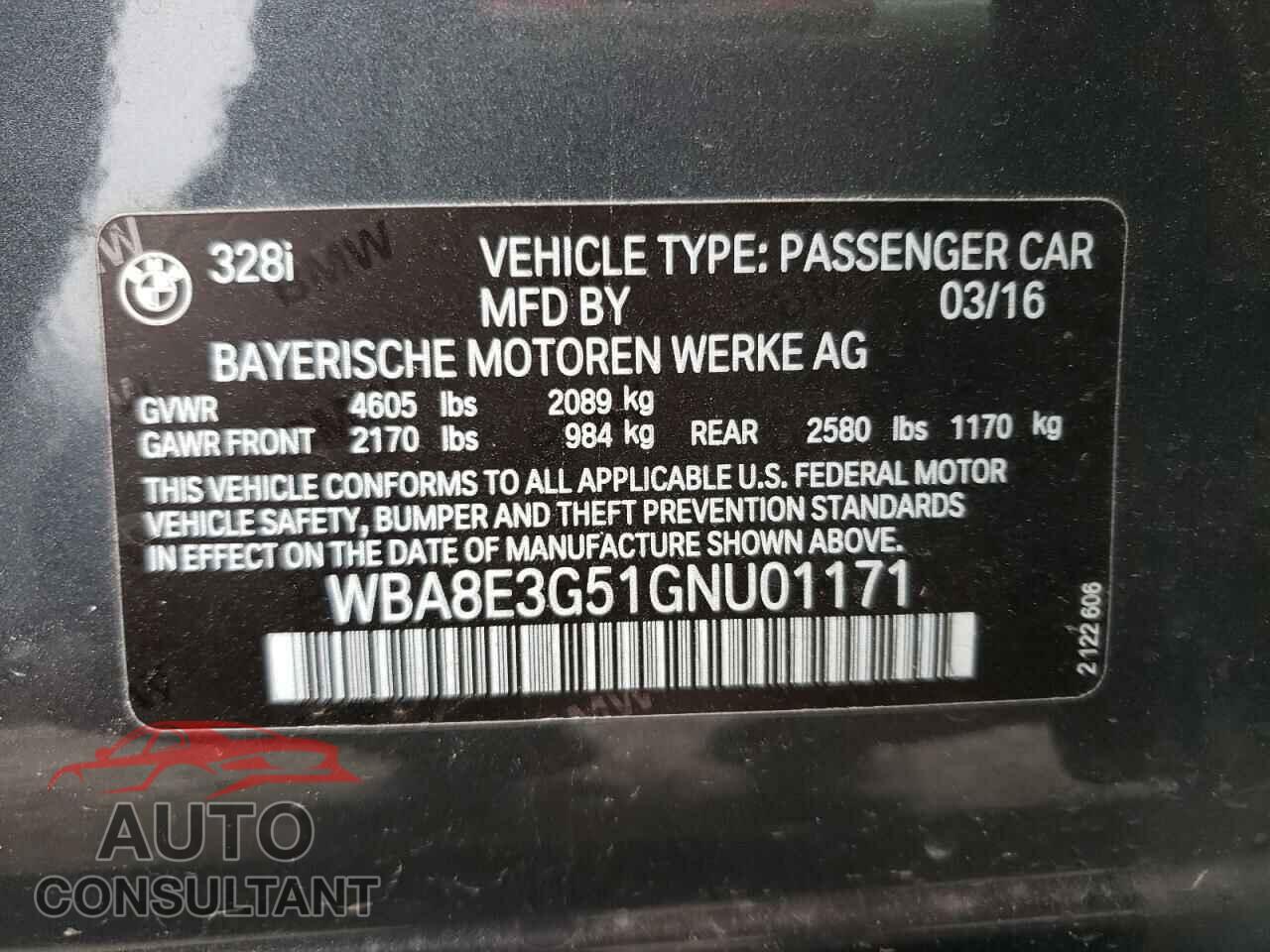 BMW 3 SERIES 2016 - WBA8E3G51GNU01171