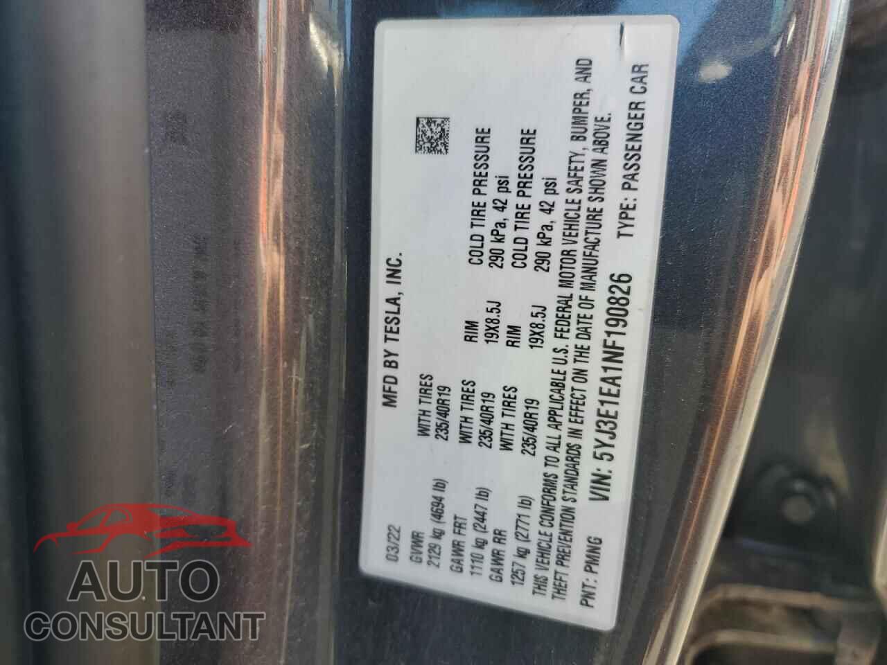 TESLA MODEL 3 2022 - 5YJ3E1EA1NF190826